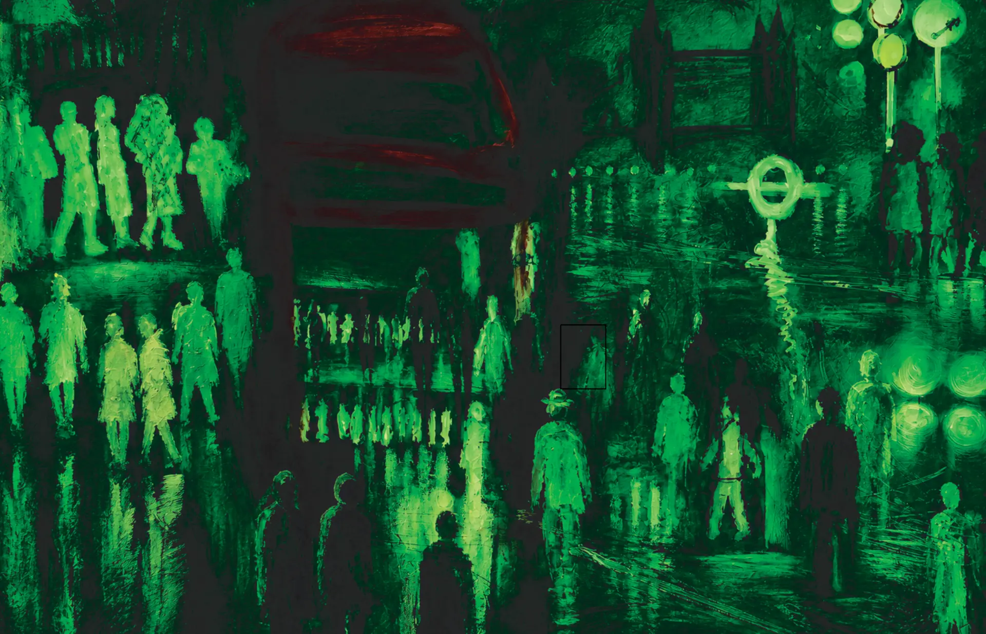 Green painted night crowd, London street