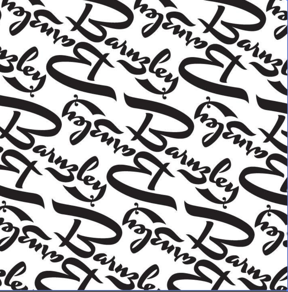 Barnzley script repeat print in black on white