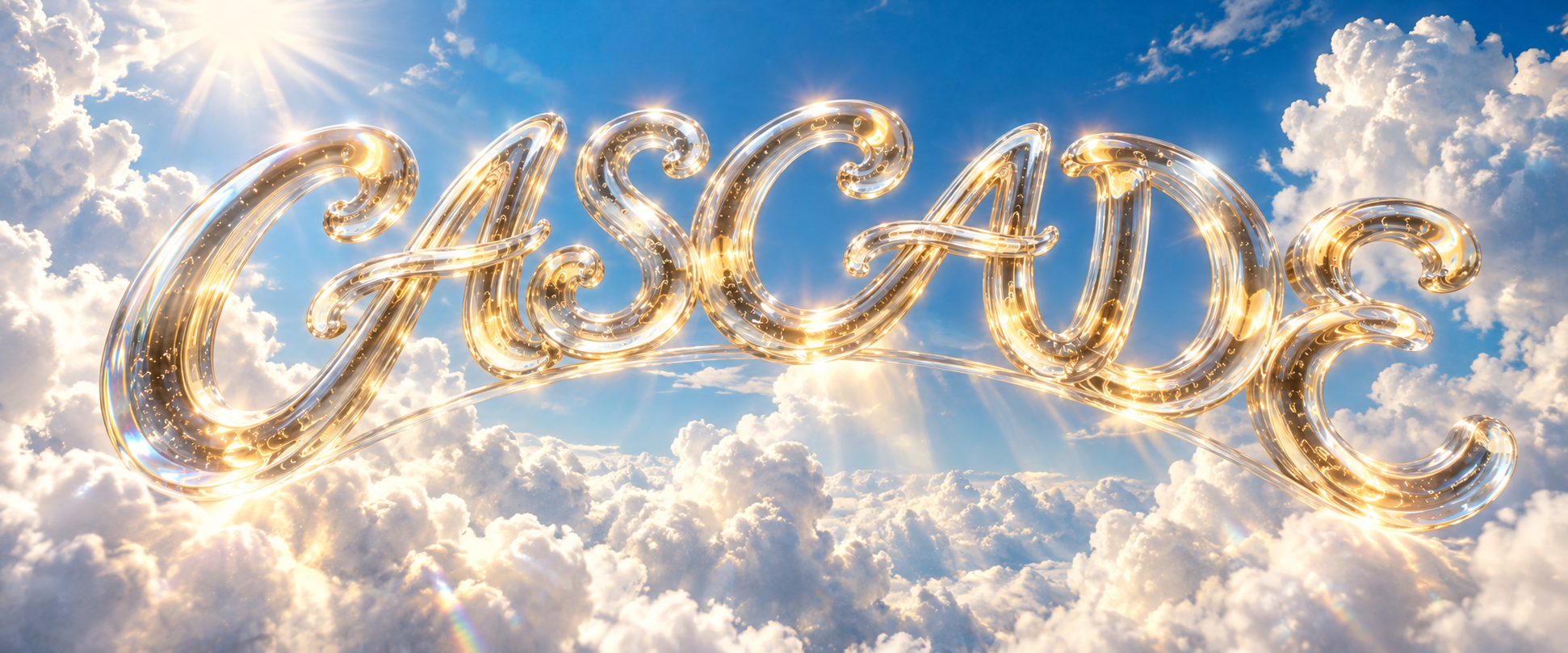 CASCADE gold script lettering in a bright cloudy sky
